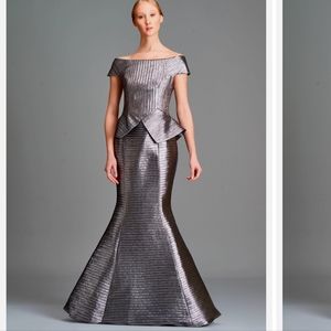 JOHN PAUL ATAKER PLEATED METALLIC SATIN OFF-SHOULDER GOWN, SIZE 38